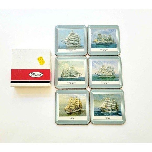 Vintage Pimpernel Made in England "Tall Ships" Cork Back 6 Coasters w/ Box 1990s - Picture 1 of 3